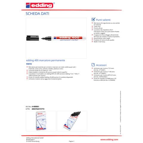 Marcatore permanente edding 400 punta conica 1 mm nero E-400 001